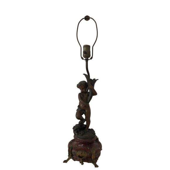 Antique Rococo Cherub Statue Bronze Table Lamp Marble Base - Picture 1 of 9
